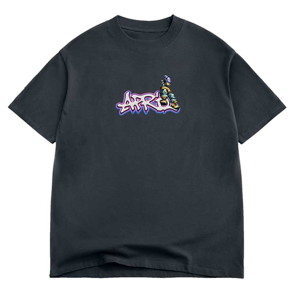The Dude Tee Black April Skateboards T-Shirt is a heavyweight 100% cotton tee with a small, colorful graffiti-inspired "AIR" design and two cartoon figures on the left chest.