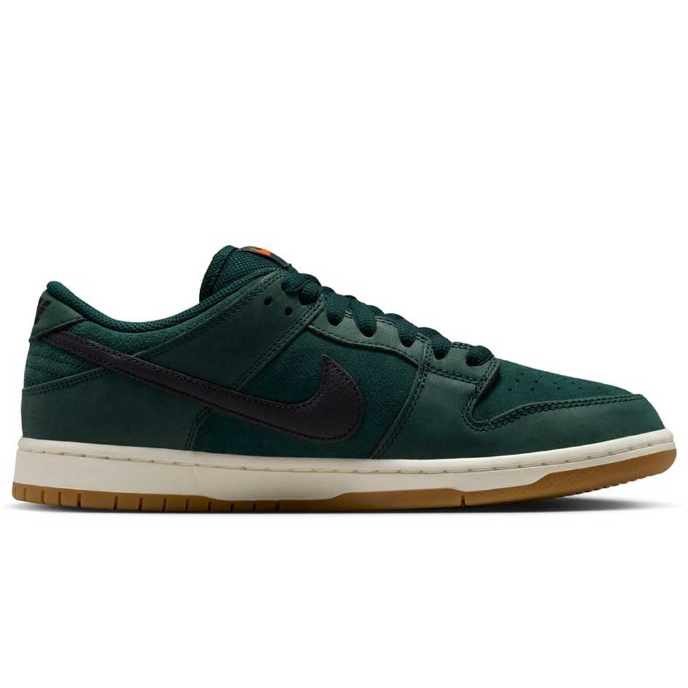 The Nike SB Dunk Low Pro FJ1674-300 in Deep Fir/Black/Fir/Sail features suede uppers, a black swoosh, gum sole, and dark green laces—an ideal choice for classic sneaker fans. Shown from the side against a white background.