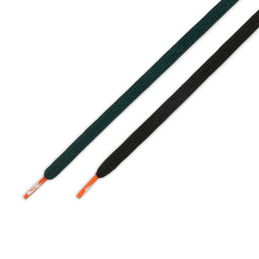 Two shoelaces, one dark green and one black, with orange tips and white branding, are displayed diagonally on a white background—ideal for customizing your Nike SB Dunk Low Pro FJ1674300 Deep Fir Black Fir Sail suede shoes.