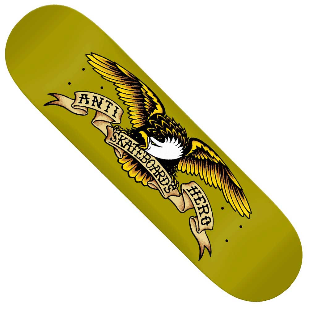 The Eagle 8.6 Greenish DBX Anti Hero Skateboard Deck features an illustrated eagle with outstretched wings clutching a tan ribbon that reads ANTI HERO SKATEBOARDS in bold black text, all on a basalt construction deck.