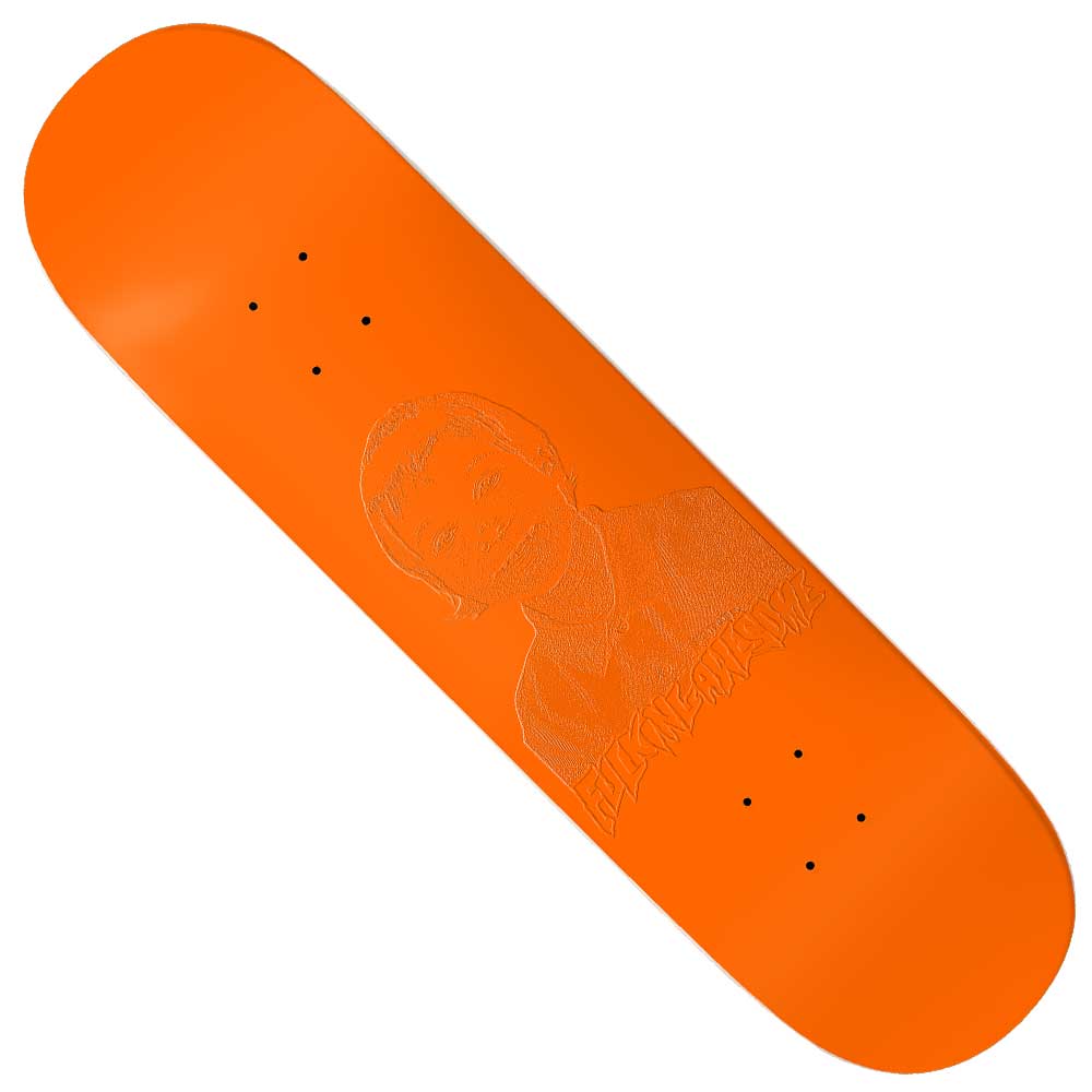 Elijah Berle Embossed Photo 8.5 FA Skateboard Deck Orange features an engraved outline of a child’s face and upper body in a collared shirt with stylized text below the image. This pro model deck measures 8.5 inches wide and comes with pre-drilled holes for truck mounting.