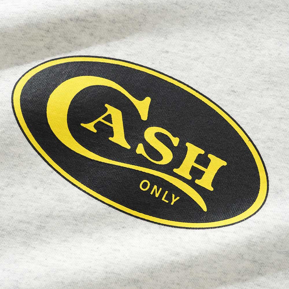 The Emblem Tee Ash Cash Only T-Shirt (COD150201) features a black oval logo with a yellow border and "CASH" in bold yellow letters, "ONLY" beneath, screenprinted on a light gray 6.5oz premium heavyweight cotton tee.