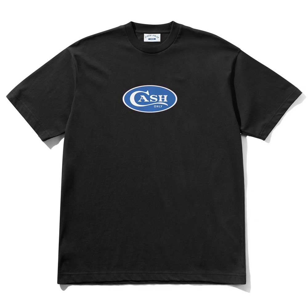 The Emblem Tee Black Cash Only T-Shirt COD150202 is a 6.5oz black cotton heavyweight tee with a blue oval logo centered and "CASH ONLY" in white capitals inside the oval.