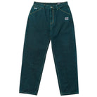 The Eyes Green Overdye Denim Krooked Pant features front pockets, yellow contrast stitching, a small white logo on the left pocket, and slightly tapered legs in dark green denim, displayed flat on a white background.