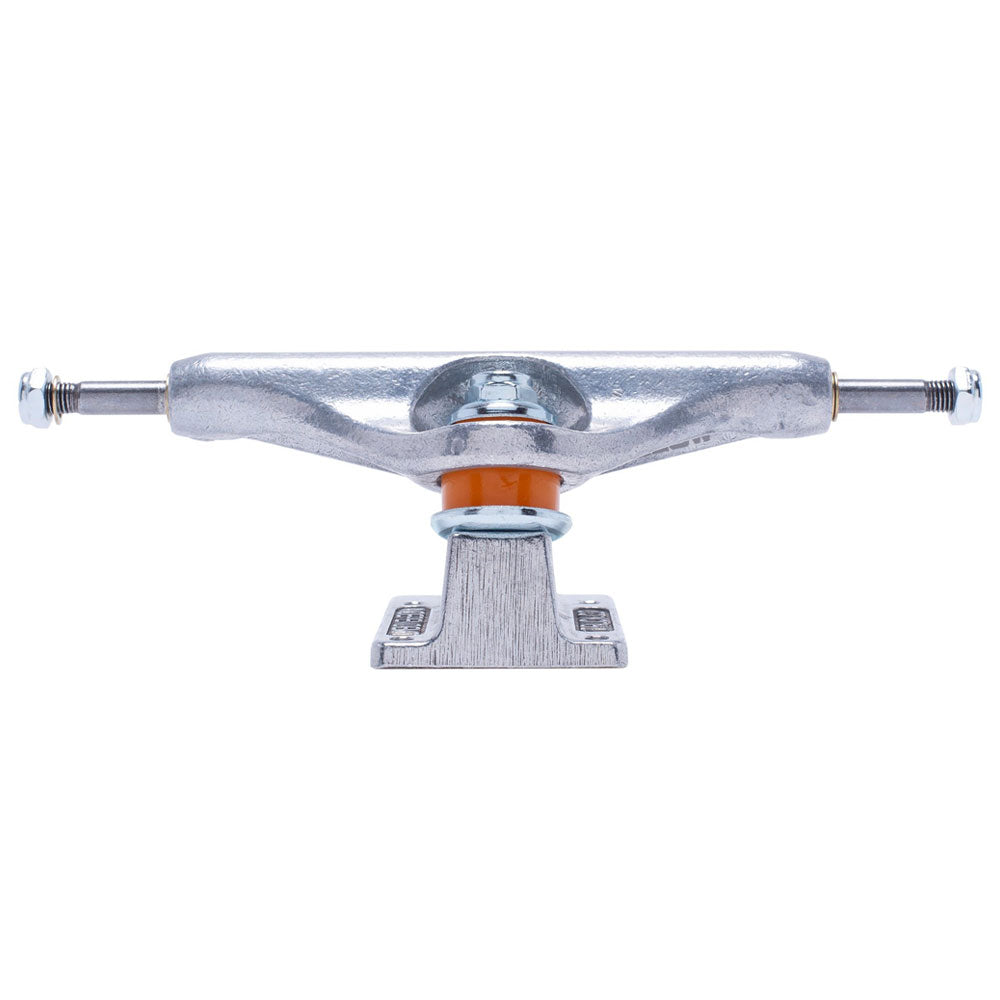 A silver FA x INDY 169 Hollow Polished Burnt Logo Stage 11 skateboard truck with an orange bushing, shown from the front against a white background; this set of two trucks measures 8.8 inches wide, offering both stability and classic style.