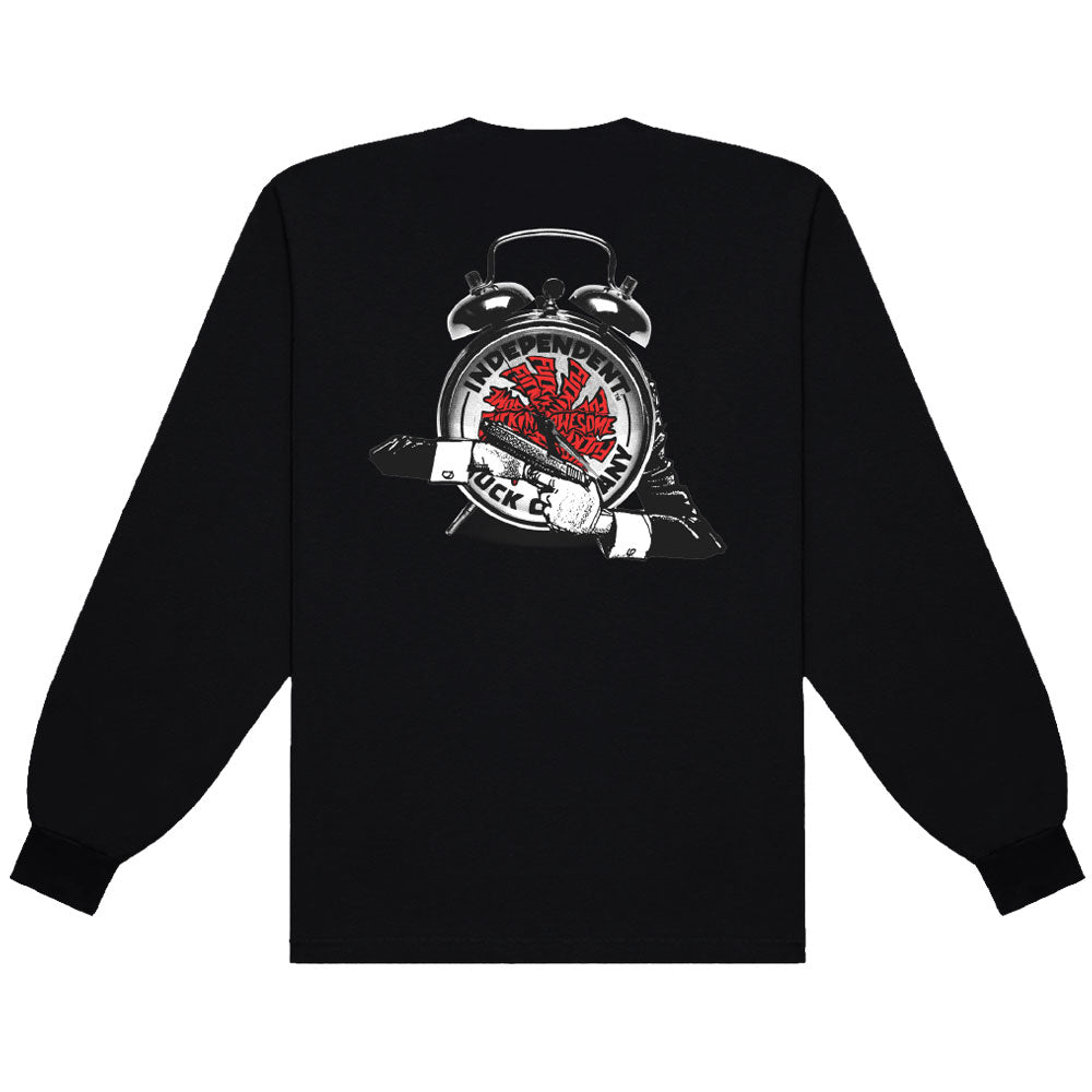 The FA x Indy Independent Hostage Black Longsleeve Tee features a bold graphic of an alarm clock, a microphone, and two drumsticks on the front. The clock face is accented with striking red text and details that read “Independent Music” and “Rock,” along with subtle FA x Indy branding for an exclusive finish.