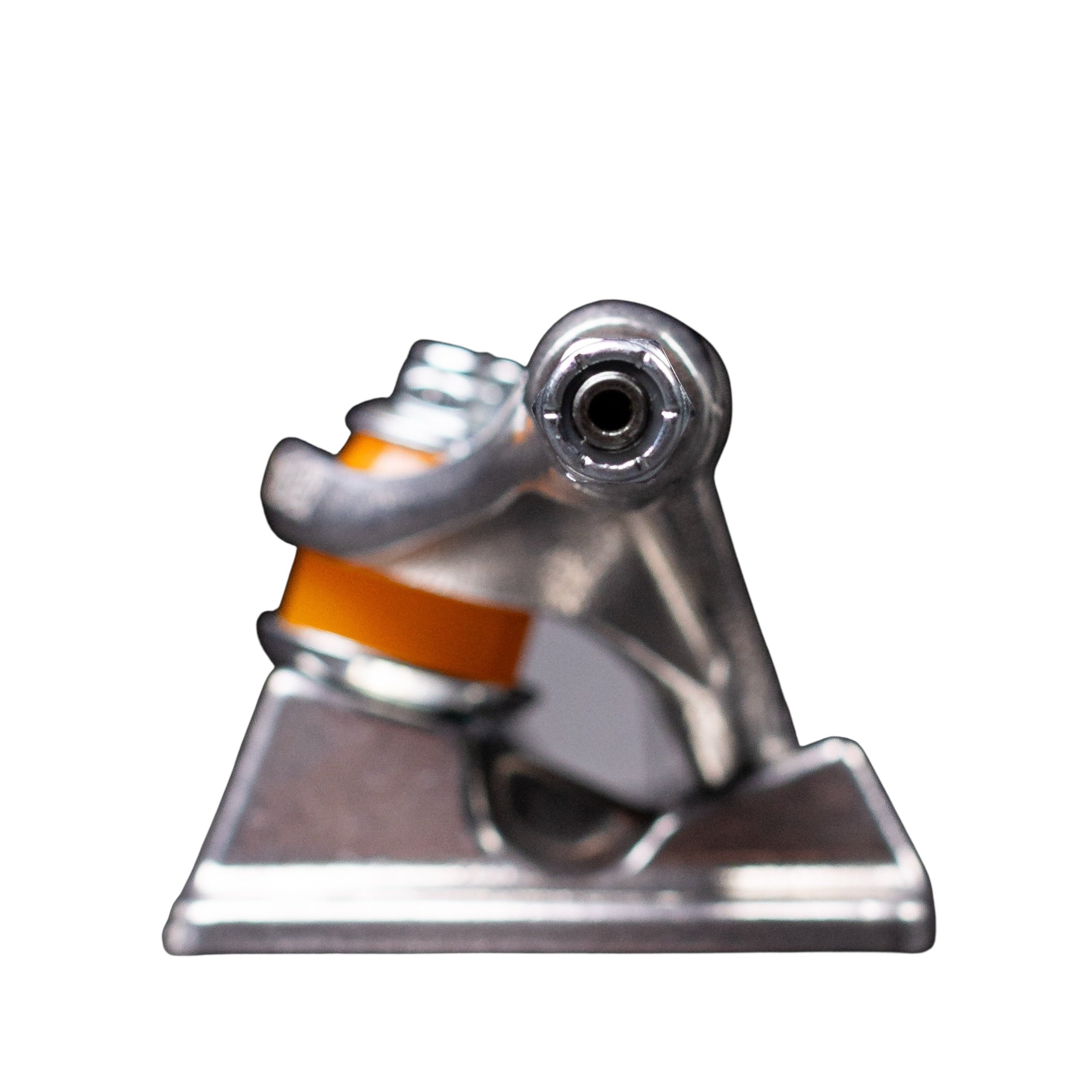 A close-up, front view of an FA x INDY 169 Hollow Polished Burnt Logo Stage 11 skateboard truck with an orange bushing, isolated on a white background.