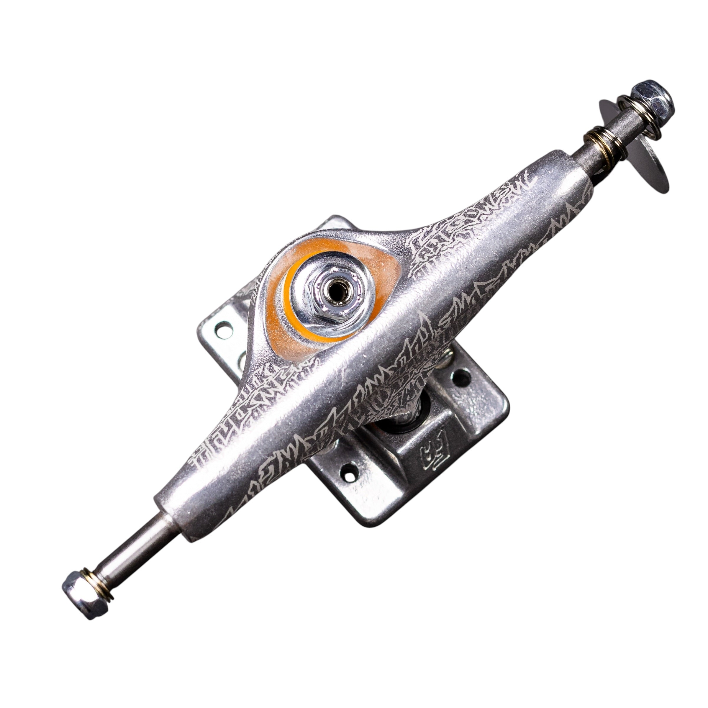 FA x INDY 169 Hollow Polished Burnt Logo Stage 11 skateboard trucks set of two, featuring an engraved burnt logo, orange bushings, and a polished mounting base plate, isolated on a white background.
