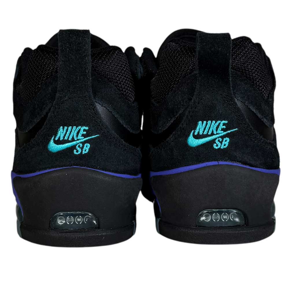 The FB2393-003 Dusty Cactus Black Air Max Ishod Wair Leather Suede Shoes feature teal NIKE SB logos and swooshes on the heels, purple midsole accents, and a design inspired by Air Max Ishod.