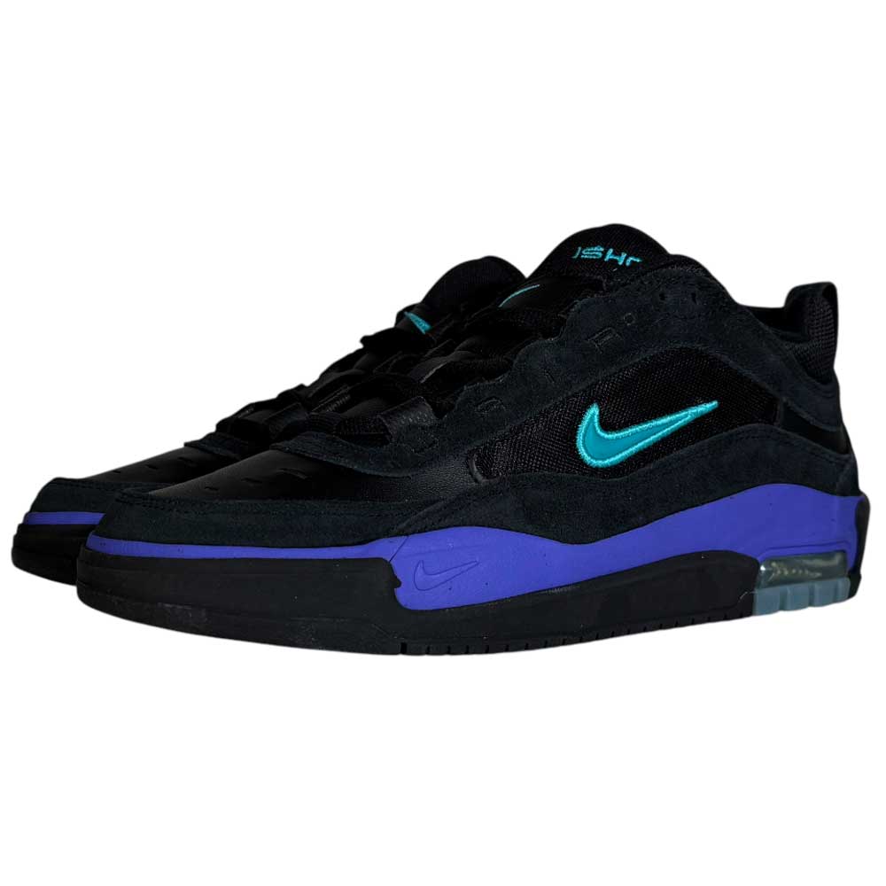 A pair of FB2393003 Dusty Cactus Black Air Max Ishod Wair leather suede shoes with teal swooshes and purple midsole accents, displayed on a white background.