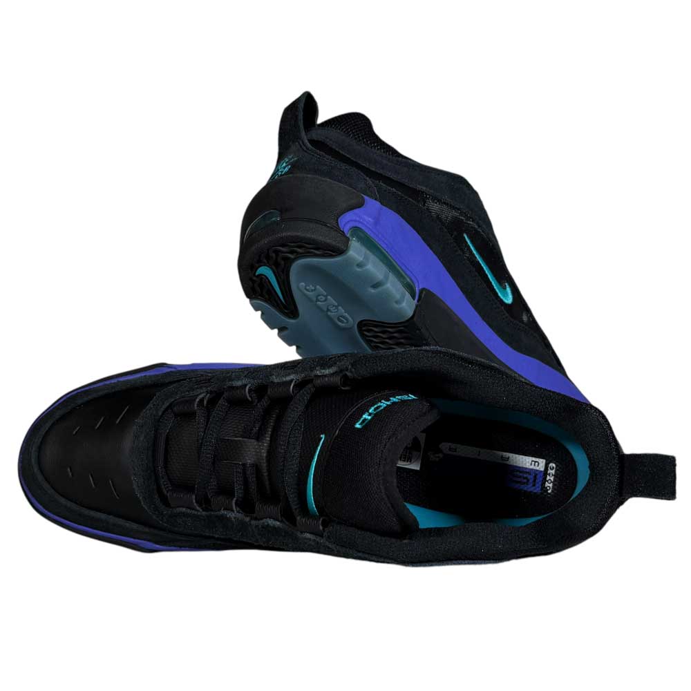 The FB2393-003 Dusty Cactus Black Air Max Ishod Wair Leather Suede Shoes feature teal and purple accents, Max Air sole technology, and detailed upper design, shown from top and side angles.