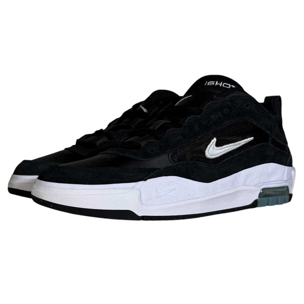 The FB2393-004 White Black Black Air Max Ishod Wair shoes feature a black suede and leather upper, white swoosh, and white midsole with Max Air, shown on a plain white background.