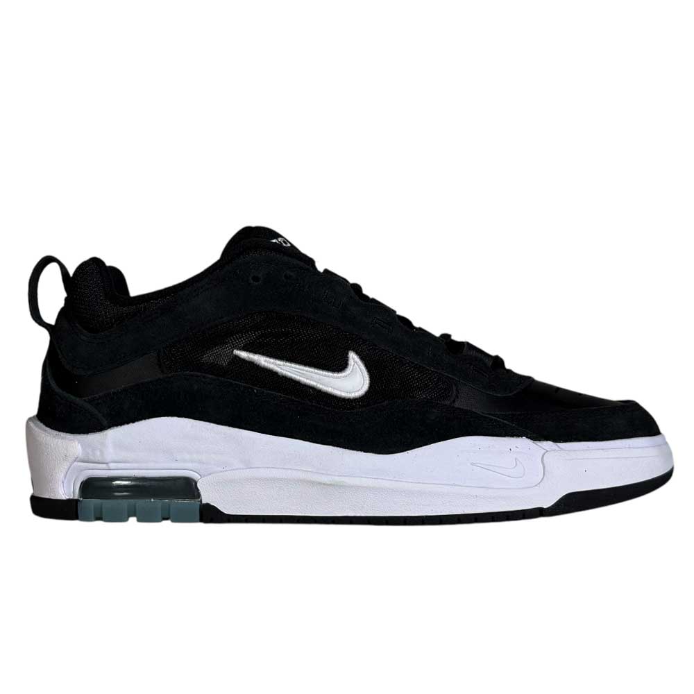 The FB2393-004 White Black Air Max Ishod Wair features a black leather and suede upper, white Swoosh, white midsole, and visible Max Air cushioning at the heel. Displayed from the side on a plain background.