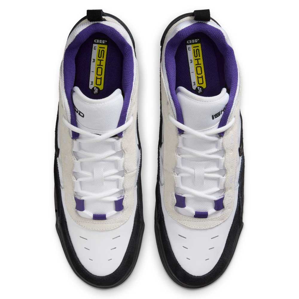 Top view of Nike SB Air Max Ishod FB2393104 skate shoes in white, black, and court purple denim with suede leather uppers, white laces, perforated details, yellow insoles reading “ISHOD,” and Max Air cushioning for comfort.