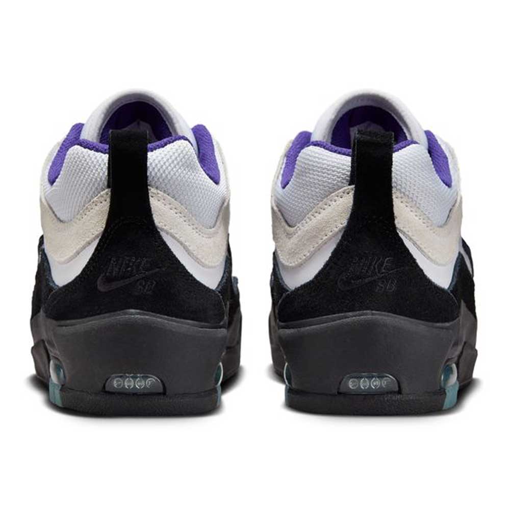 Rear view of the Nike SB Air MAX Ishod skateboarding shoes in White Black Court Purple Denim, showcasing suede leather heels, Nike SB logo, and visible Max Air cushioning in the soles.