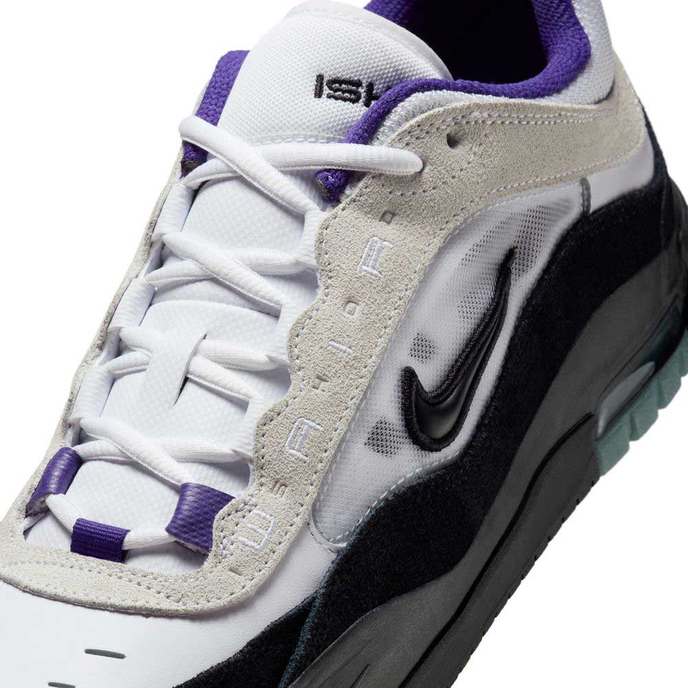 A close-up of the FB2393-104 Air MAX Ishod Nike SB Skateboarding Shoes in white mesh with beige and black suede, a black Swoosh, court purple accents, distinctive white lacing, and Max Air cushioning for comfort.