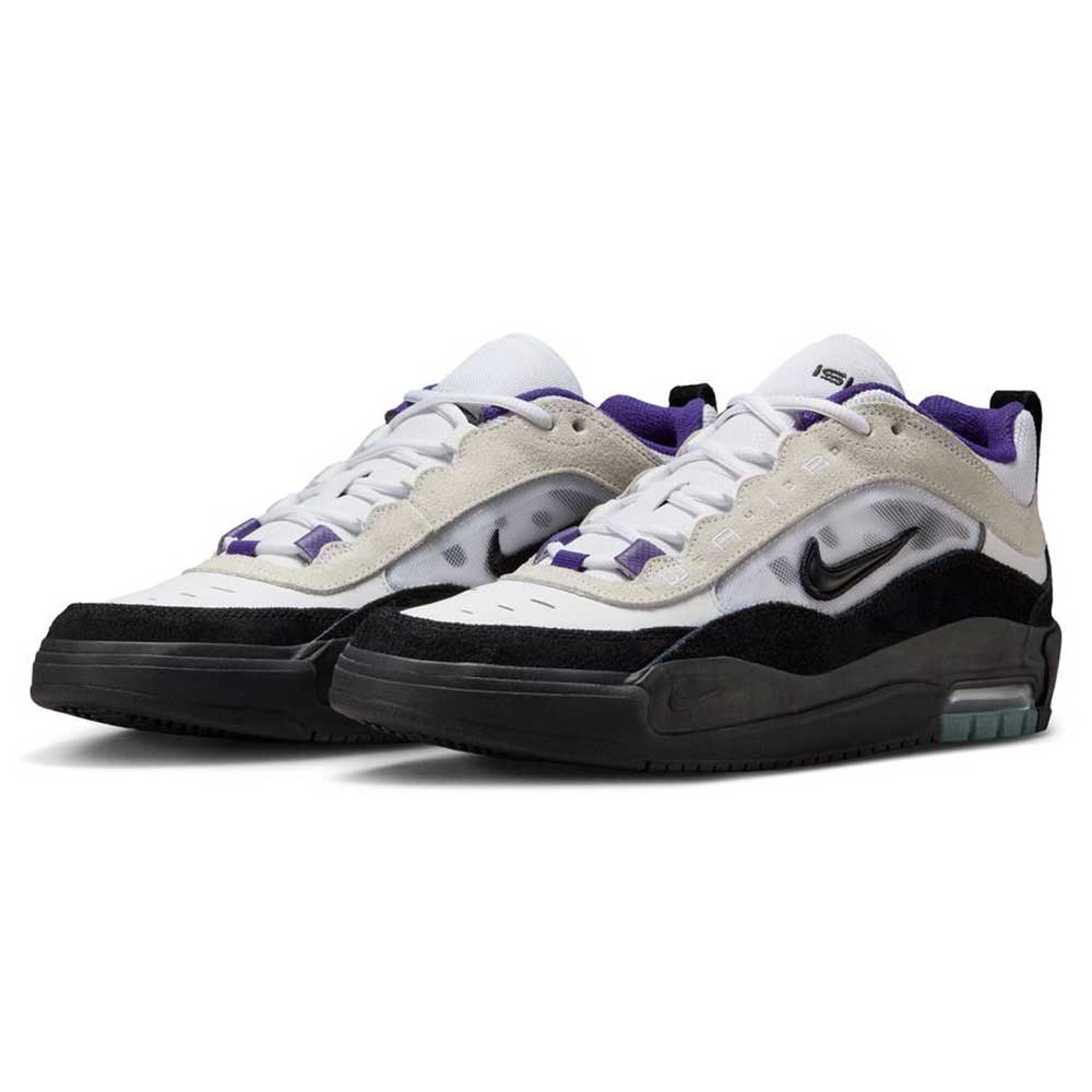 The FB2393-104 White Black Court Purple Denim Air MAX Ishod Nike SB suede leather skateboarding shoes feature a black outsole, white mesh upper, black Swoosh, purple ankle lining, and Max Air cushioning for comfort.