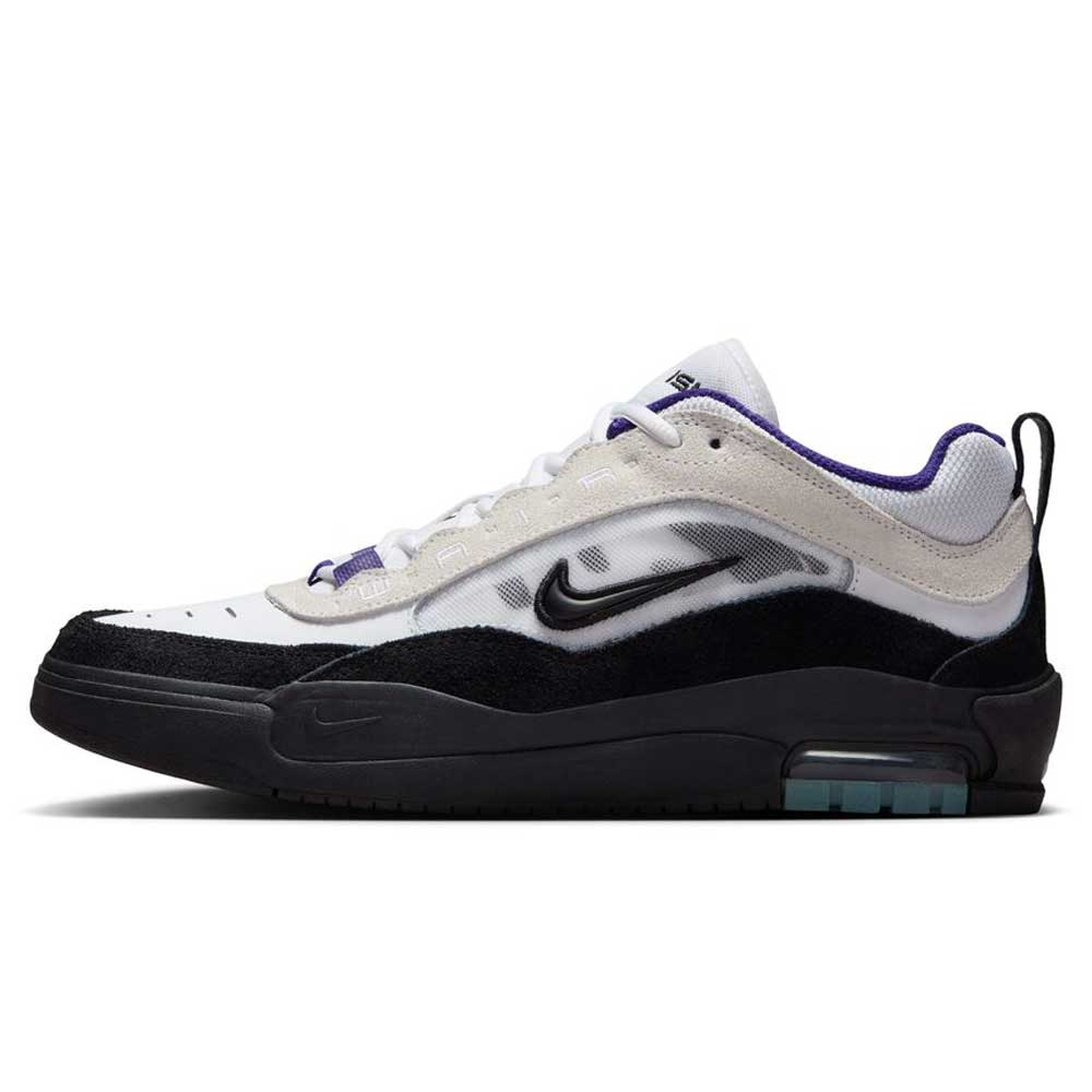 The FB2393-104 Air MAX Ishod Nike SB Skateboarding Shoes feature a white mesh upper, black suede overlays, black sole, purple accents, and a black Swoosh with Max Air cushioning and a visible heel air unit.