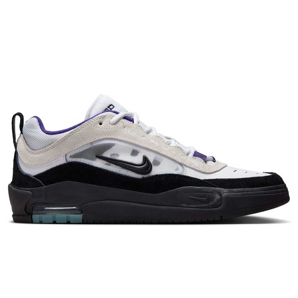 The Nike SB Air Max Ishod (FB2393-104) skateboarding shoes feature a white and cream upper, black suede details, denim accents, a black sole, translucent Max Air cushioning, a black Swoosh, and Court Purple highlights around the collar.