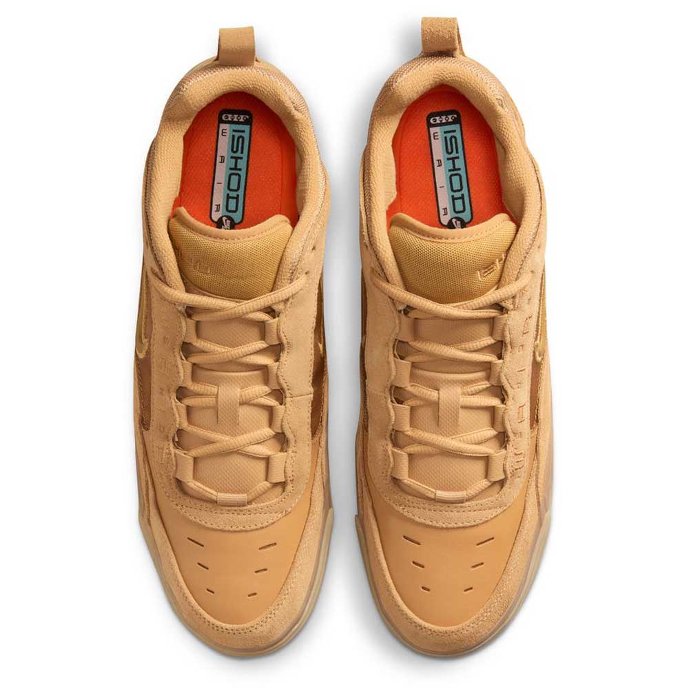 Top view of FB2393200 Flax Brown Air MAX Ishod Nike SB skateboarding shoes with orange insoles and visible ISHOD text. Perforated toe boxes and leather & suede overlays blend style and performance.