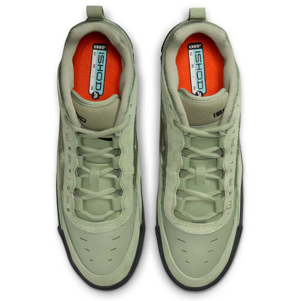 Top view of FB2393300 Green Black Air MAX Ishod Nike SB Leather Suede Shoes, featuring light green uppers, orange insoles, black outsoles, ISHOD labels on the tongues, unique lacing, and distinctive branding details.