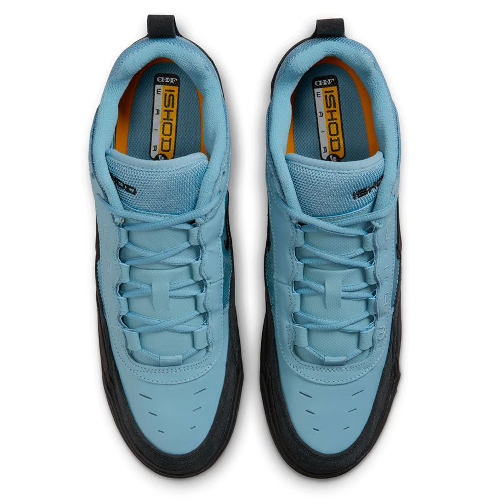 A pair of Denim Turq Black Denim Air MAX Ishod Nike SB suede leather skateboarding shoes, seen from above, with black soles, yellow insoles, and a black/yellow ISHOD label on the tongue, featuring signature Max Air cushioning.