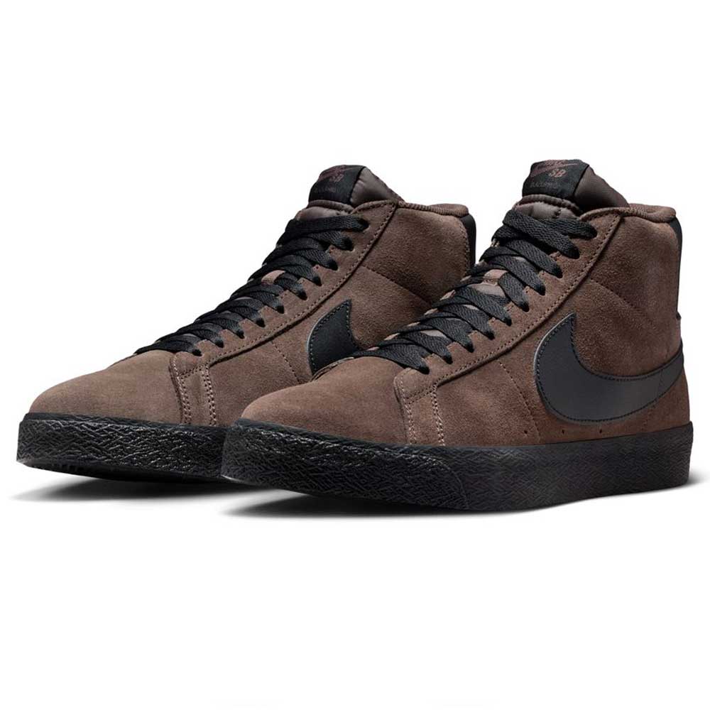 The FD0731-201 Baroque Brown Black Blazer Mid Nike SB Suede Skateboarding Shoes feature brown suede, black laces, a large black Swoosh, responsive cushioning, and black rubber soles, shown here against a white background.