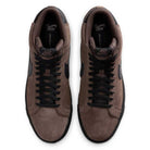 Top view of FD0731-201 Baroque Brown Black Blazer Mid Nike SB Suede Skateboarding Shoes with black laces, black swooshes, and responsive cushioning, placed side by side on a white background.