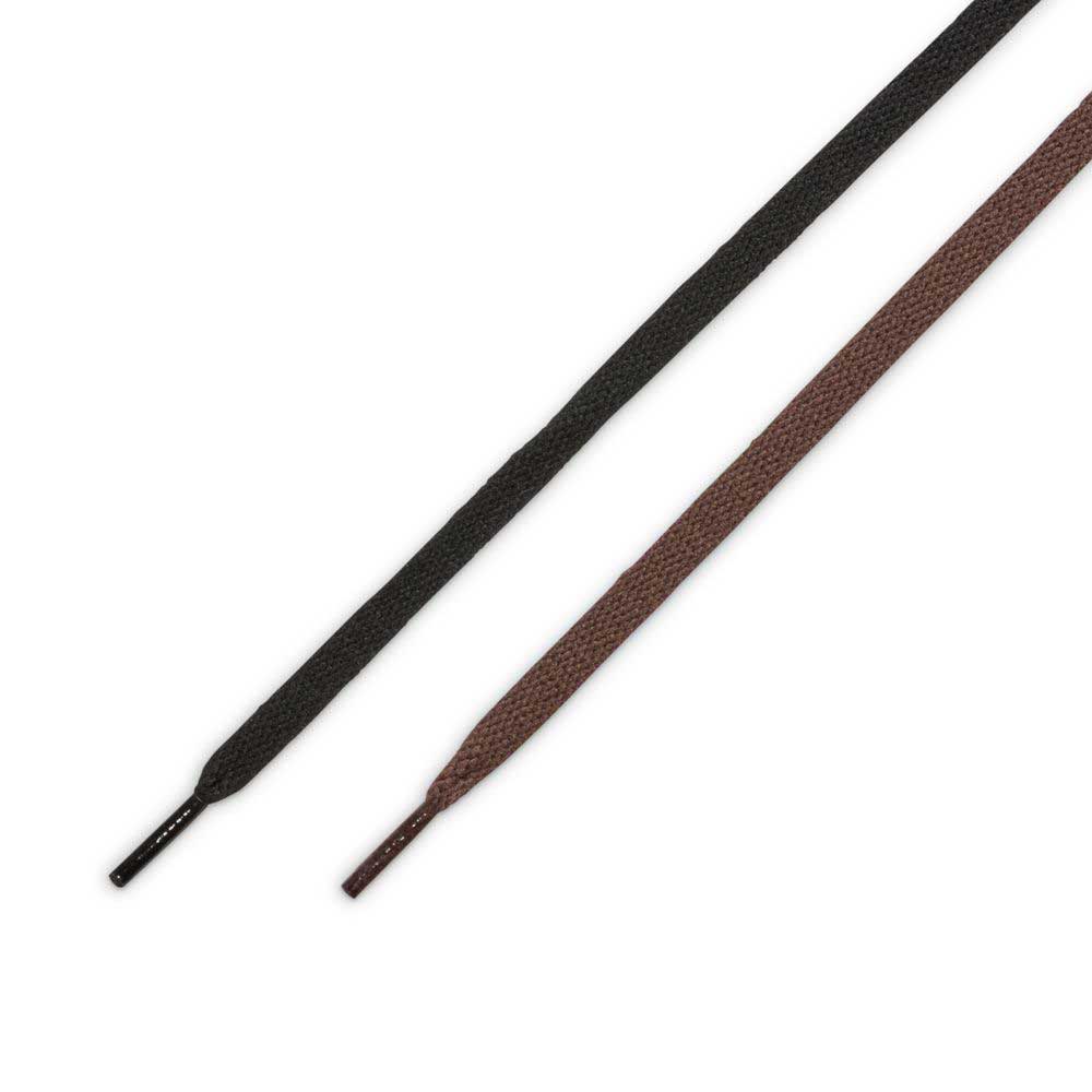 Two flat shoelaces—one black, one baroque brown—designed for FD0731201 Baroque Brown Black Blazer Mid Nike SB Suede Skateboarding Shoes, are laid side by side on a white background, each featuring durable plastic aglets at the ends.