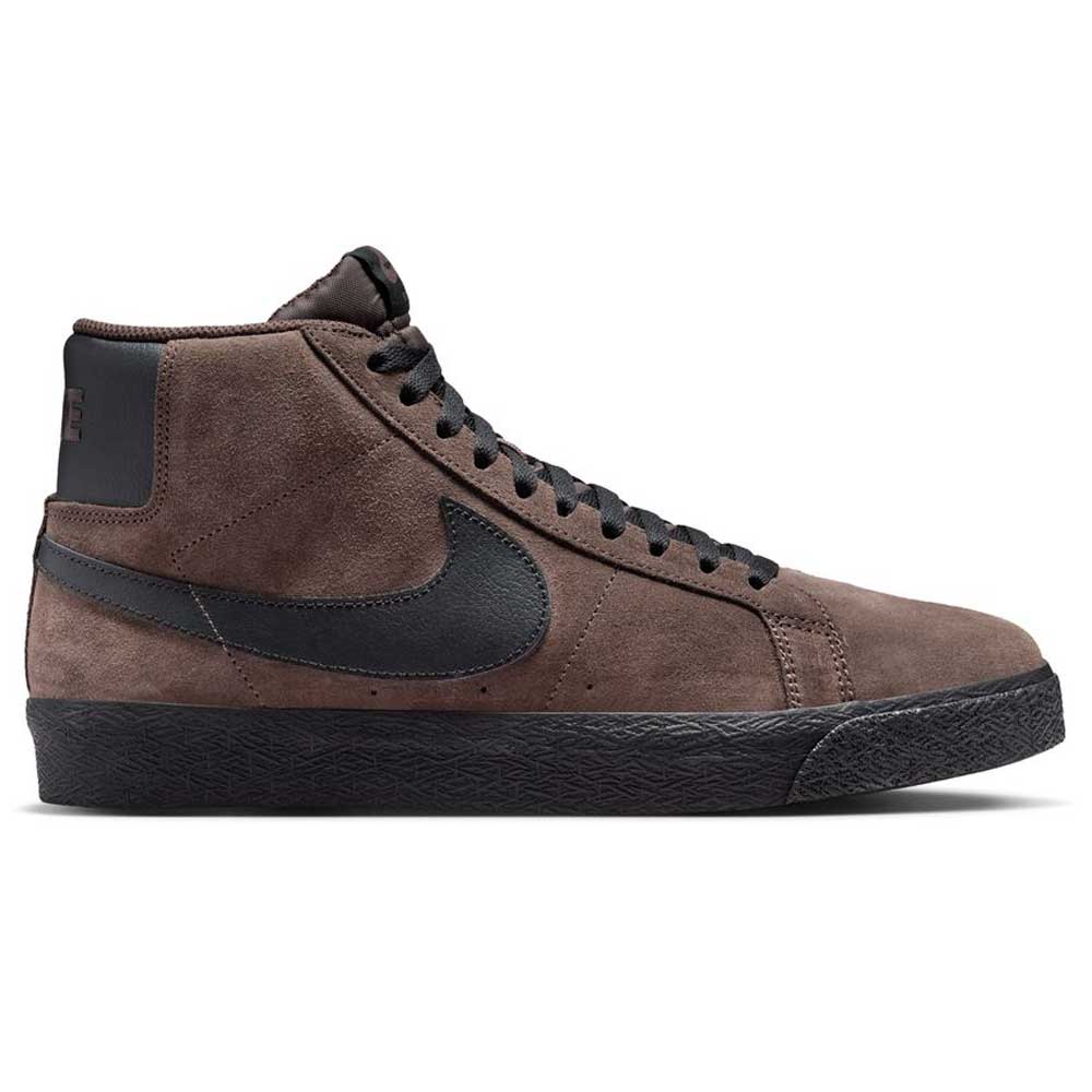 The FD0731-201 Baroque Brown Black Blazer Mid Nike SB Suede Skateboarding Shoe features a brown high-top design, black swoosh, black laces, textured black sole, and responsive cushioning, shown in side profile on a white background.