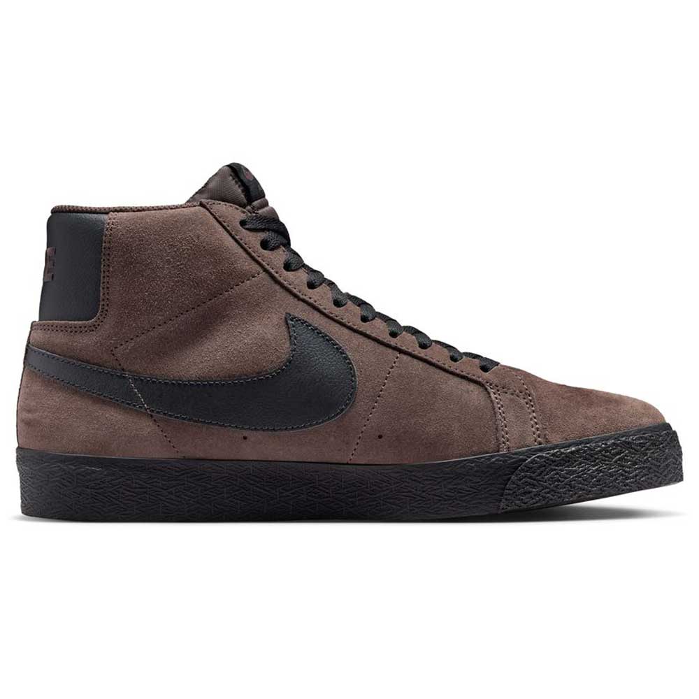 The FD0731-201 Baroque Brown Black Blazer Mid Nike SB Suede Skateboarding Shoe features a brown suede high-top, black laces, a large black swoosh, a textured black sole, and responsive cushioning, shown in side profile on white.