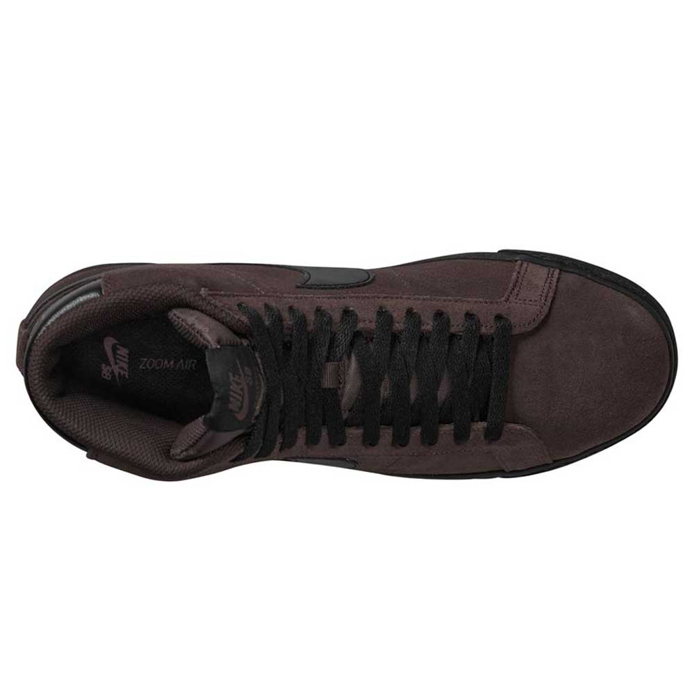 Top view of the FD0731-201 Baroque Brown Black Blazer Mid Nike SB suede skateboarding shoe with black laces, black Swoosh, and visible Nike SB Zoom Air branding on the insole for responsive cushioning.