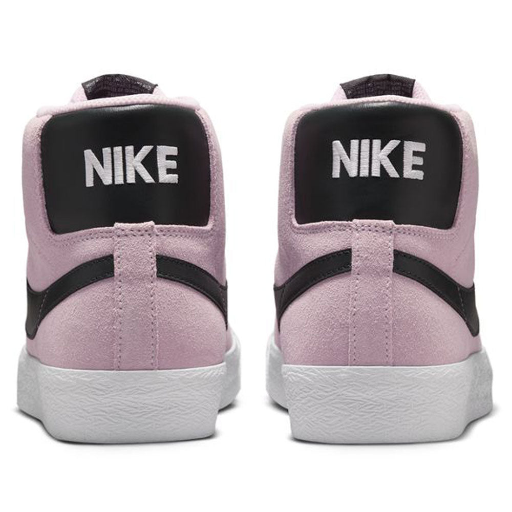 The FD0731-601 Foam Anthracite White Gum Yellow Blazer Mid Nike SB Suede Skateboarding Shoes are shown from the back, featuring black ankle panels with bold white NIKE lettering and textured white soles for responsive cushioning.