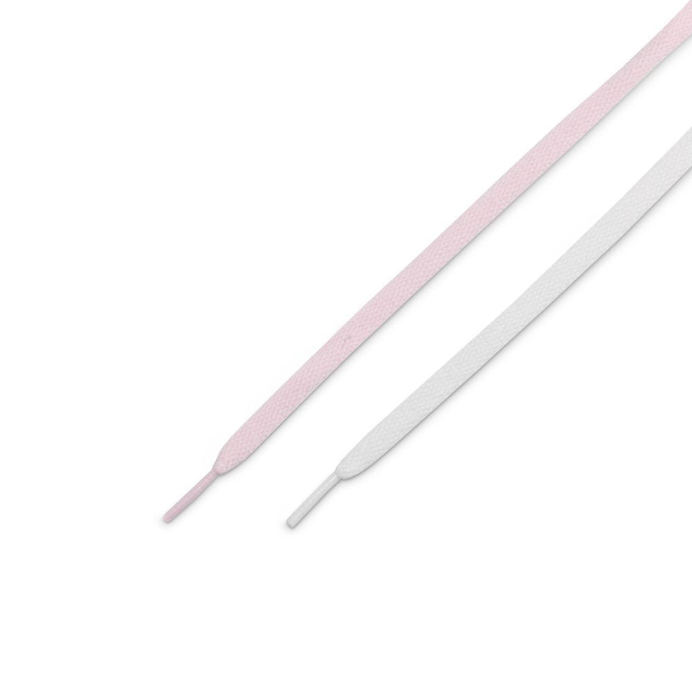 Two flat shoelaces, one light pink and one white with plastic aglets, are laid diagonally on a white background—ideal for your FD0731601 Foam Anthracite White Gum Yellow Blazer Mid Nike SB Suede Skateboarding Shoes.