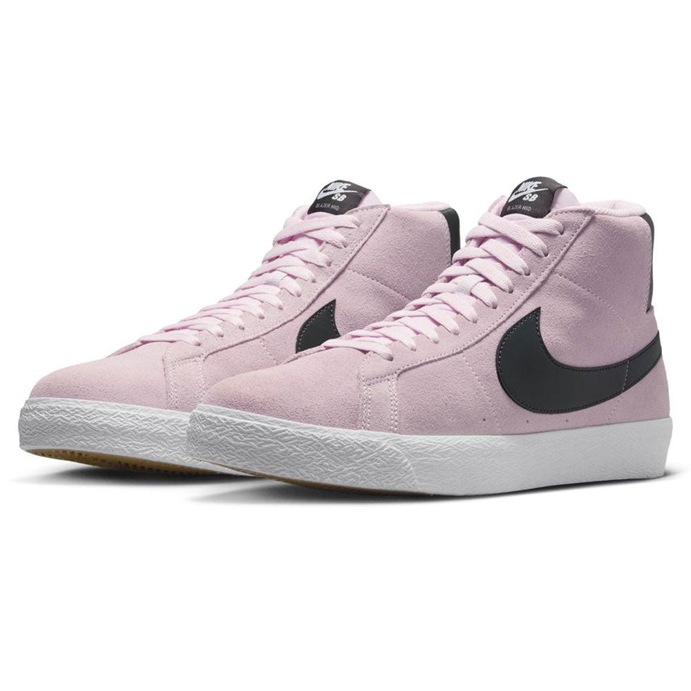 A pair of FD0731-601 Foam Anthracite White Gum Yellow Blazer Mid Nike SB suede skateboarding shoes with responsive cushioning, white soles, and black swooshes, displayed against a plain white background.