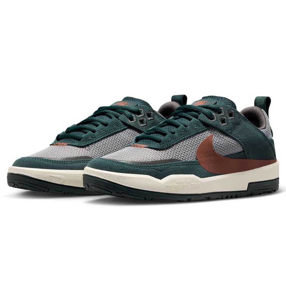 The FN4210302 Seaweed Red Sepia Medium Ash YOUTH Day One GS Nike SB Shoes feature dark green uppers, gray mesh panels, white midsoles, black outsoles, large brown Nike Swooshes, and a responsive Zoom Air unit for comfort.