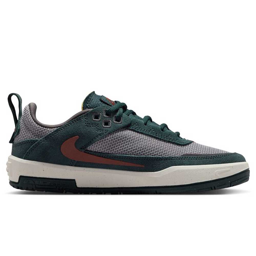 The FN4210-302 Seaweed Red Sepia Medium Ash YOUTH Day One GS Nike SB Shoes feature a low-top design with a dark green and gray mesh upper, brown Nike swoosh, Zoom Air unit, black outsole, and white midsole in side profile view.