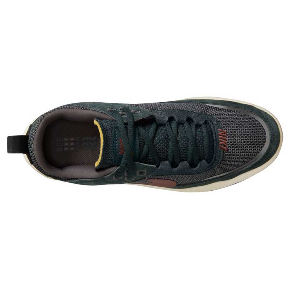 Top view of the FN4210302 Seaweed Red Sepia Medium Ash YOUTH Day One GS Nike SB shoe, featuring a dark green mesh upper, black laces, Zoom Air sole, and a small yellow accent near the tongue.
