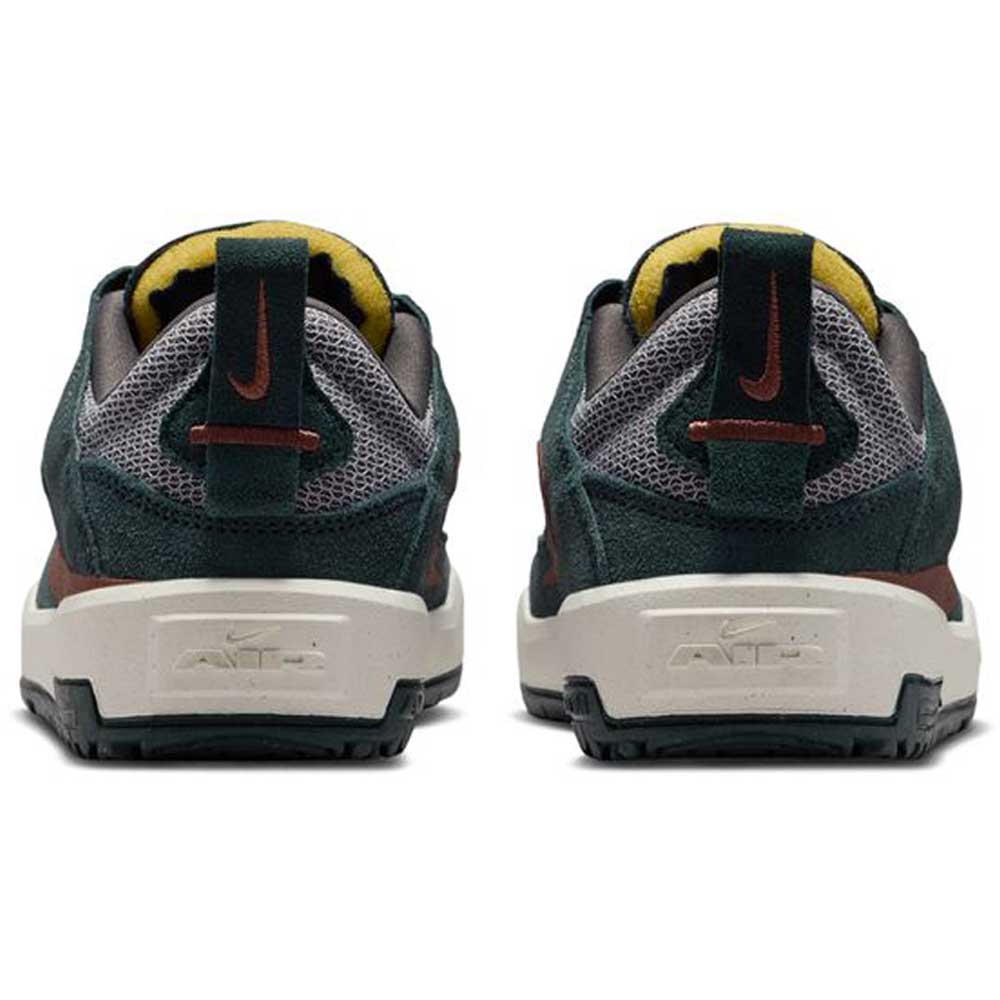 Rear view of FN4210-302 Seaweed/Red Sepia/Medium Ash YOUTH Day One GS Nike SB shoes with suede and mesh uppers, yellow accents, red heel logos, white A.I.R.-branded soles, and Zoom Air unit for comfort.