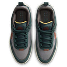 Top view of FN4210-302 Seaweed Red Sepia Medium Ash YOUTH Day One GS Nike SB Shoes: green and grey mesh uppers, green laces, orange Nike logos on tongue and toe, Zoom Air cushioning, and beige sole accents.