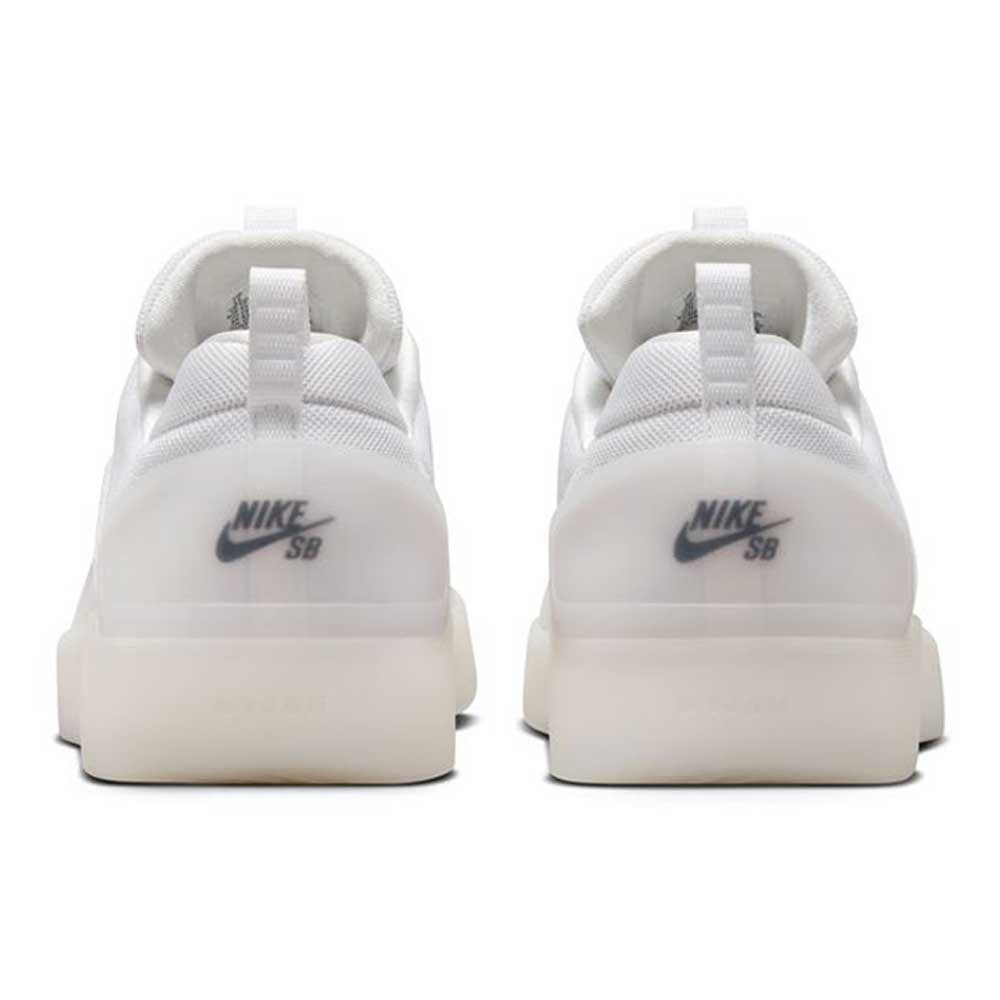 Rear view of FQ1273100 White Black Zoom Nyjah 4 Nike SB Skateboarding Shoes, featuring translucent heels, black Nike SB logo, Nyjah signature on the back, pull tabs, and responsive Air Zoom cushioning.