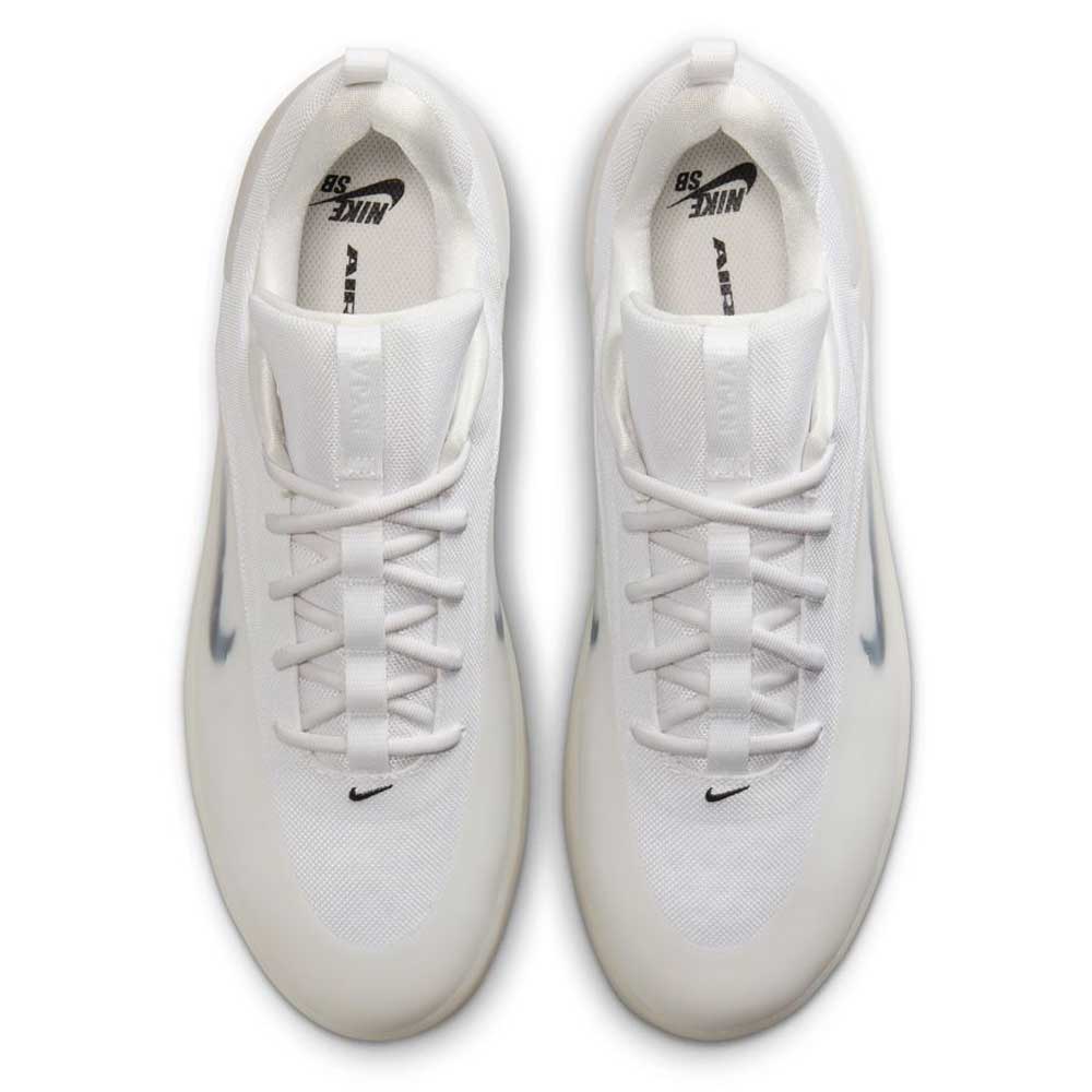 Top view of the FQ1273-100 White Black Zoom Nyjah 4 Nike SB Skateboarding Shoes, featuring minimal black accents, Nike logos on the insoles and tongues, a modern lace design, and responsive Air Zoom cushioning for all-day comfort.