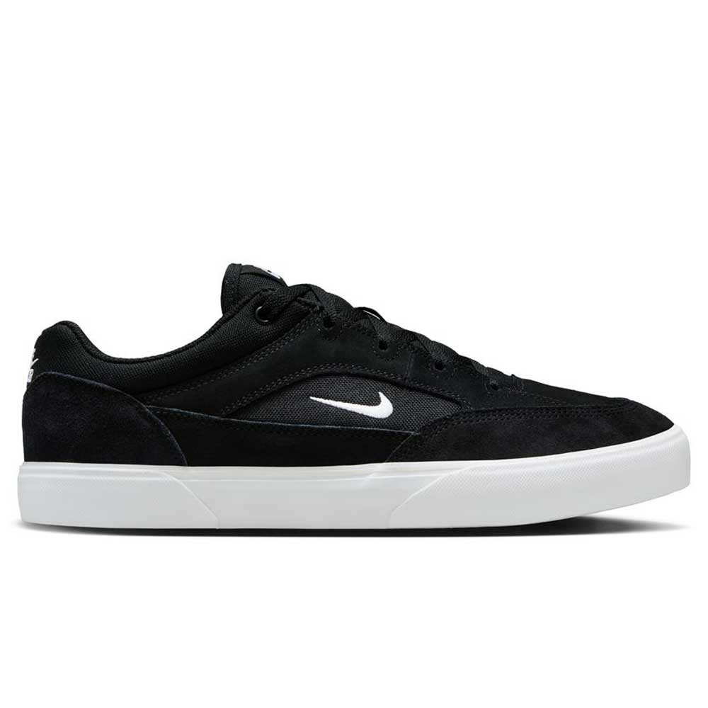 The FV6064001 Black White Malor Nike SB Suede Skateboarding Shoe features a white swoosh logo, suede accents, and a white rubber sole, displayed in a side profile against a plain background.