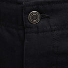 Close-up of the black cotton twill waistband on the FV7349010 Double Knee Pant Black Nike SB Skateboarding, featuring a metallic embossed button and visible stitching on sturdy skate pants with possible double knee reinforcement.