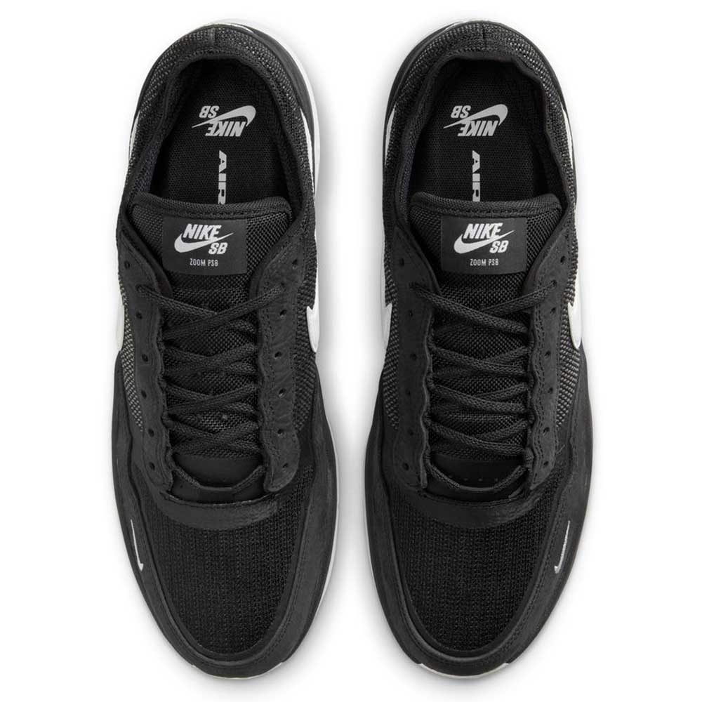 Top view of FV8493-003 Black White PS8 Nike SB Leather Knit Shoes, showcasing black uppers with white swooshes and logos on tongues and insoles. The pair is side by side on a white background.
