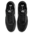 Top view of FV8493-003 Black White PS8 Nike SB Leather Knit Shoes, showcasing black uppers with white swooshes and logos on tongues and insoles. The pair is side by side on a white background.