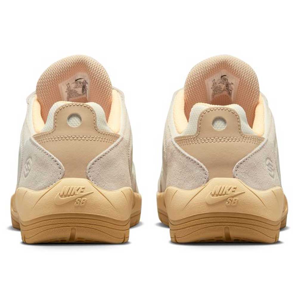 A pair of FZ4878-100 Summit Coconut Milk Jade Ice Sesame Vertebrae Nike SB suede shoes seen from the back, featuring suede uppers, textured outsoles, and embossed Nike SB logos on the heels.