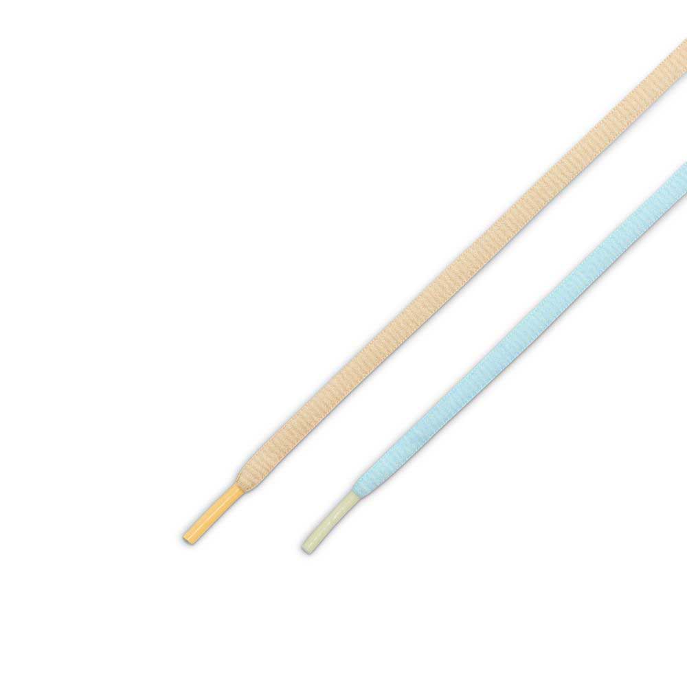 Two shoelaces are displayed on a white background—one peach with a yellow tip, the other light blue with a pale green tip—ideal accents for your FZ4878100 Summit Coconut Milk Jade Ice Sesame Vertebrae Nike SB Suede Shoes.