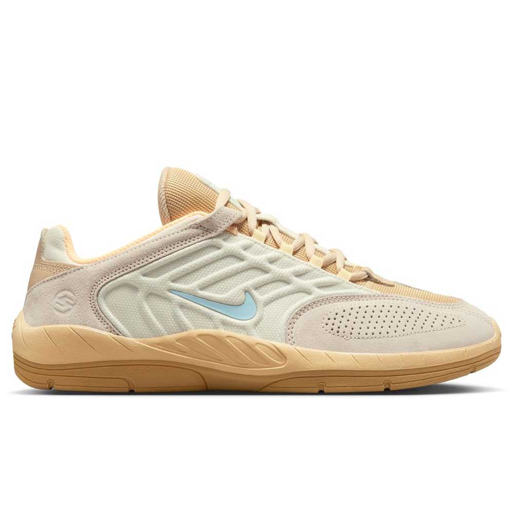 The Nike SB FZ4878-100 in Summit Coconut Milk/Jade Ice/Sesame features a beige and cream mesh and suede upper, light blue swoosh, tan sole, and textured design for a stylish low-top sneaker.