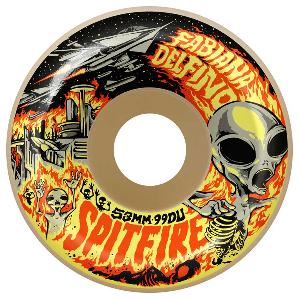 The Fabiana Invasion 53mm99A Conical Full Formula Four Spitfire Wheels feature alien, UFO, and flame artwork with a fighter jet, burning buildings, and bold Fabiana Delfino and Spitfire text on the design.